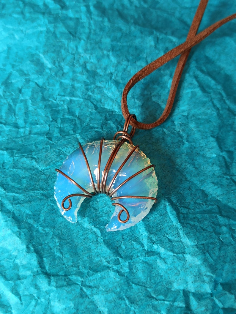 Crescent Moon Wire Wrapped Pendant Moonstone Opalite Pendant Opalite Pendentif