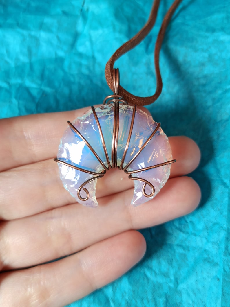 Crescent Moon Wire Wrapped Pendant Moonstone Opalite Pendant Opalite Pendentif