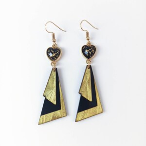 Handmade Plexiglass Dangle Earrings: Black & Gold Heart Jewelry