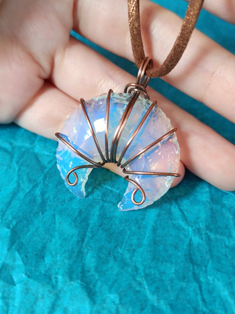 Crescent Moon Wire Wrapped Pendant Moonstone Opalite Pendant Opalite Pendentif