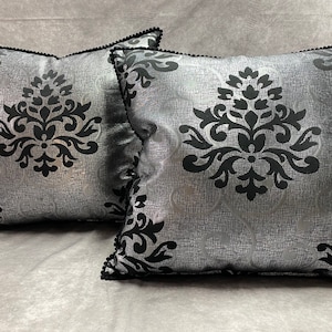Luxury Black and Metallic Silver Brocade with PomPom Trim Custom Pillow
