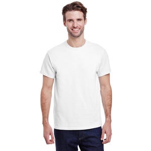 May include: A white short-sleeved t-shirt with a crew neck.