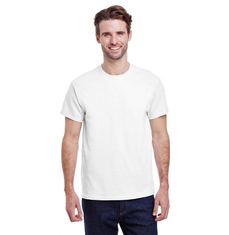 May include: A white short-sleeved t-shirt with a crew neck.