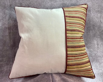 20x20 Solid Natural Muslin Pillow with  Multi Stripe Border Red, Burgundy, Beige, Cream, Green /  Fine Line Pillow