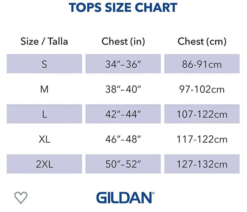 May include: A size chart for tops with measurements in inches and centimetres. The chart shows sizes S, M, L, XL, and 2XL with corresponding chest measurements.