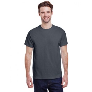 May include: A dark gray short-sleeved t-shirt with a crew neck.
