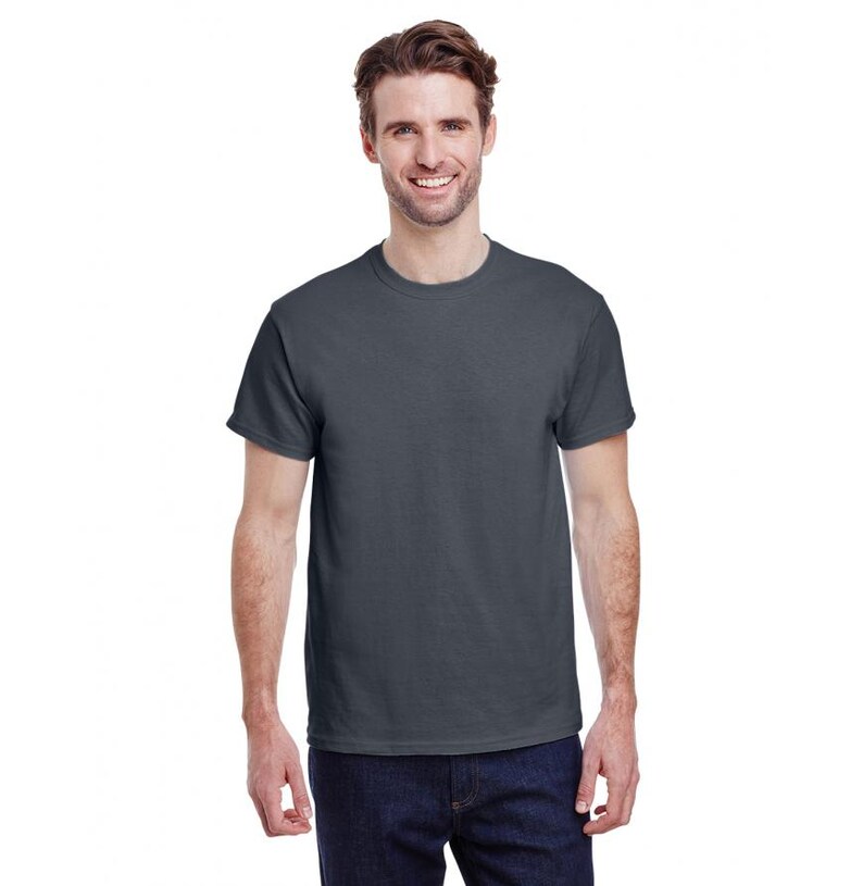 May include: A dark gray short-sleeved t-shirt with a crew neck.