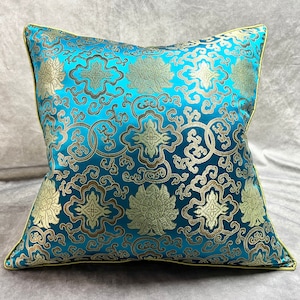 Turquoise and Lime Brocade Jacquard Pillow / Satin-Silk Pillow