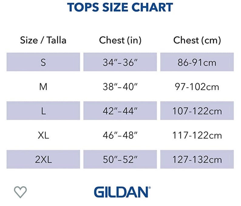 May include: A size chart for tops, showing chest measurements in inches and centimeters. The chart includes sizes S, M, L, XL, and 2XL.