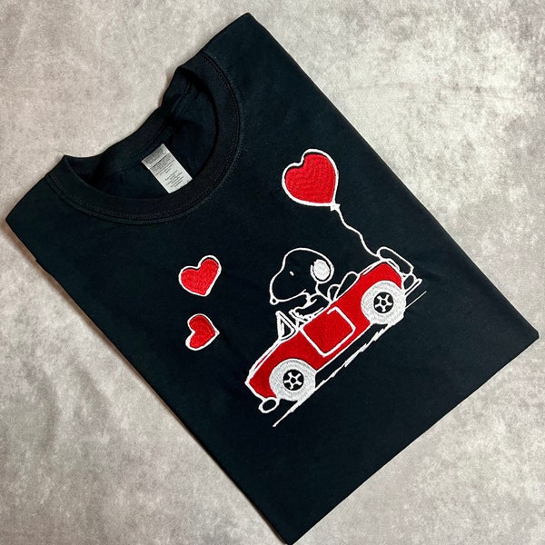 Snoopy Red Car with Hearts Inspiration T-shirt / High Quality Embroidery T-shirt