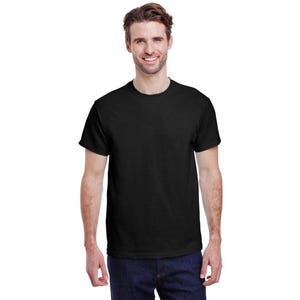 May include: A black short-sleeved t-shirt with a crew neck.