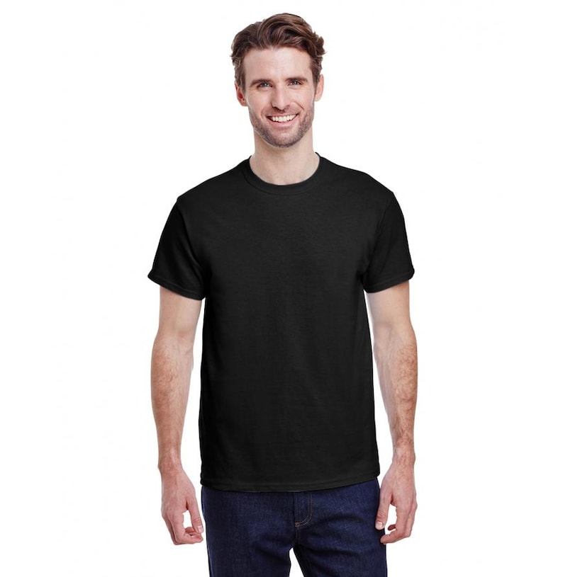 May include: A black short-sleeved t-shirt with a crew neck.