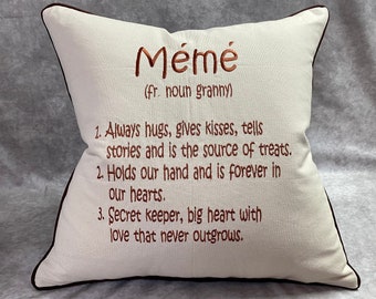 20x20 French Meme noun / Granny Embroidered Words Pillow / Custom Design As Request / Decorative Pillow / Accent Pillow