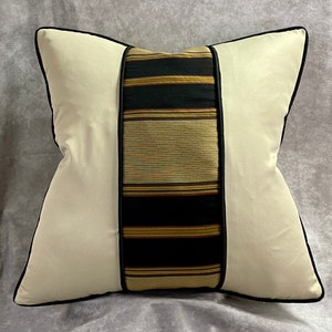 Champagne Color Pillow with Black and Cream Silk Stripe Fabric and Black Welt on the Edges / Fine Line Pillow / Custom Pillows