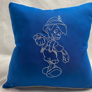 Custom Pillows/Sapphire Blue Fabric / White Embroidered / Pinocchio Square Pillow