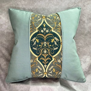 Solid Teal Green and Cream Chenille Pillow with Inlay Decorative Fabric