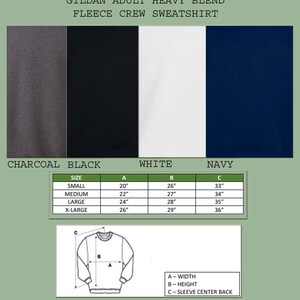 以下が含まれることがあります： ギルダン大人のヘビーブレンドフリースクルーネックトレーナーのサイズチャート。チャートは、トレーナーの幅、高さ、袖の中央の背中の測定値をインチで示しています。サイズはS、M、L、XLです。表示されている色は、チャコール、ブラック、ホワイト、ネイビーです。
