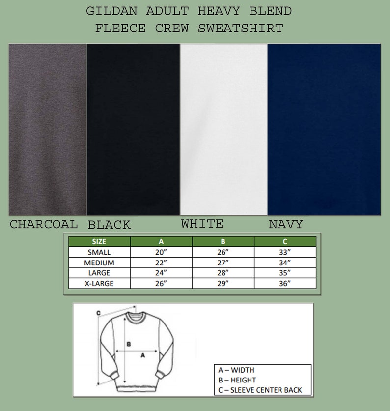 以下が含まれることがあります： ギルダン大人のヘビーブレンドフリースクルーネックトレーナーのサイズチャート。チャートは、トレーナーの幅、高さ、袖の中央の背中の測定値をインチで示しています。サイズはS、M、L、XLです。表示されている色は、チャコール、ブラック、ホワイト、ネイビーです。