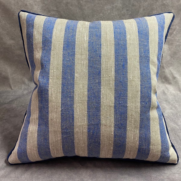 Custom Blue and Beige Stripes Linen Pillow with Blue Piping (Welt) / Decorative Pillow / Accent Pillow / Custom Pillow