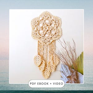 May include: A beige macrame wall hanging with a star-shaped design and three feather-shaped tassels. The text "PDF EBOOK + VIDEO" is at the bottom of the image.