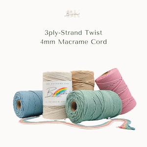 May include: Four spools of 4mm 3-ply macrame cord in various colours: light blue, beige, light brown, and pink. The spools are arranged on a white background with the brand name "Bochikat" and the text "3ply-Strand Twist 4mm Macrame Cord" above them.