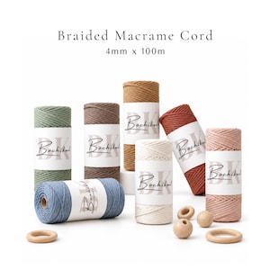 May include: A collection of braided macrame cord spools in various colours including sage green, brown, tan, terracotta, blue, cream, and dusty pink. Each spool features a white label with the text "Bochiknot" and measures 4mm by 100m.