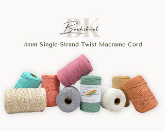 May include: Assortment of 4mm single-strand twist macrame cord in various colours, including natural, white, light pink, light blue, and light green. The cord is made of cotton and is perfect for macrame projects.