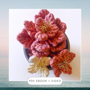 May include: A close-up of a crocheted flower arrangement in a pot. The flowers are made of pink and white yarn and have gold accents. The text "PDF EBOOK + VIDEO" is at the bottom of the image.