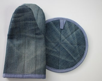 Gerecycleerde denim ovenwant en hotpadset, handgemaakt keukendecor, cadeau zonder afval.