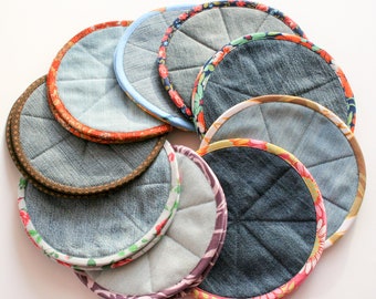 Geüpcycled denim pannenlappen, gewatteerde ronde keukenpads, set van 2