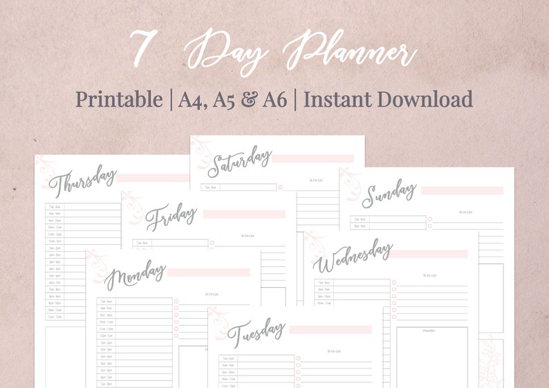 7 Day Planner Printable Weekly Schedule Weekly Organizer Printable Printable Week Planner To Do List A4, A5, A6 image 1