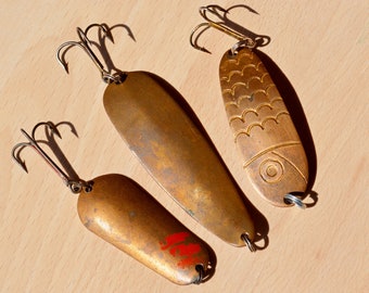LARGE Fishing Lures Vintage Set of 3 Copper Handmade Lures Soviet Vintage  Bait Hook Lures Three Prong Fishing Lures Trolling Spoons 