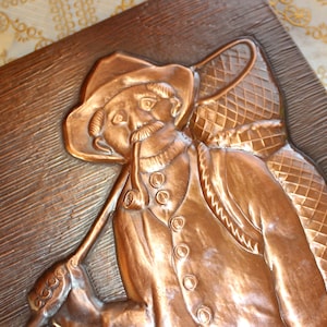 Vintage Copper tin wall hanging Gift for fisherman Copper wall decor Embossed copper Copper home decor Mellow old fisherman with a pipe