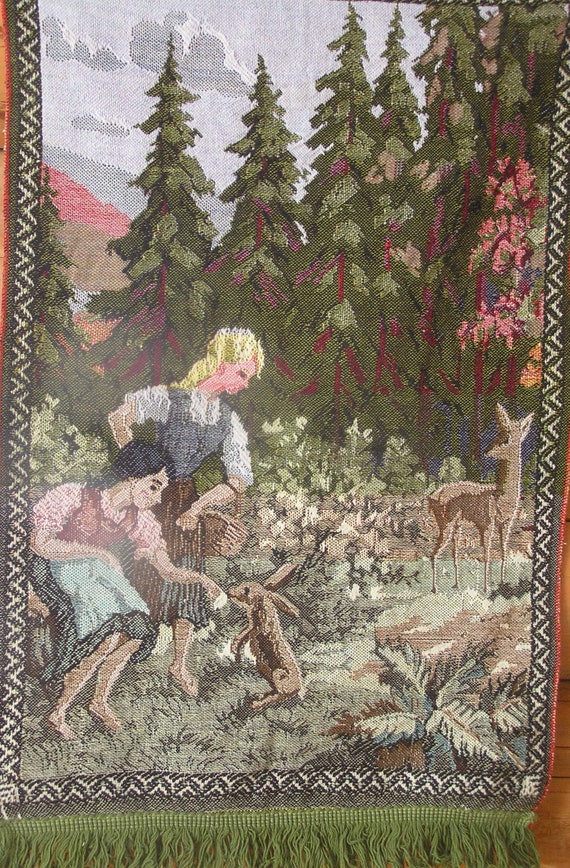 Vintage Tapestry Woodland Tapestry Small Gobelin Girls With Rabbit