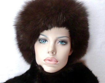 Size 56/57 Rabbit Fur/Leather Hat Vintage Ladies Black Fluffy Winter Hat made in Estonia by Linda Company