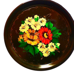 HANDPAINTED NOS Tray/Platter Vintage Round Metal Tray Floral Old Tray Large Round Platter