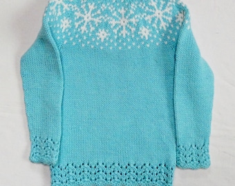 6-7T Estonian Handknitted Girls Pullover Wool/ Alpaca ( Drops Nepal Wool) Sweater Snowflakes Pattern Light Turquoise Blue Pullover