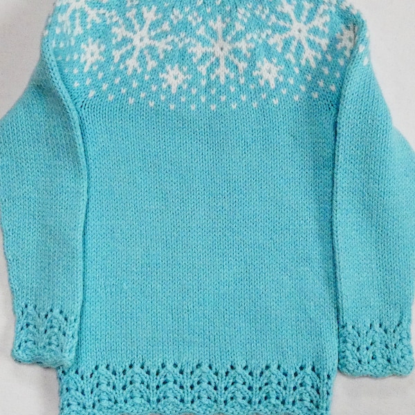 6-7T estonien tricoté à la main filles pull laine/alpaga (gouttes de laine du Népal) pull flocons de neige motif bleu turquoise clair pull