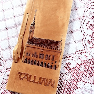 Handgemaakte visitekaartjeshouder TALLINN Vintage reliëf bruin lederen kaarthouder