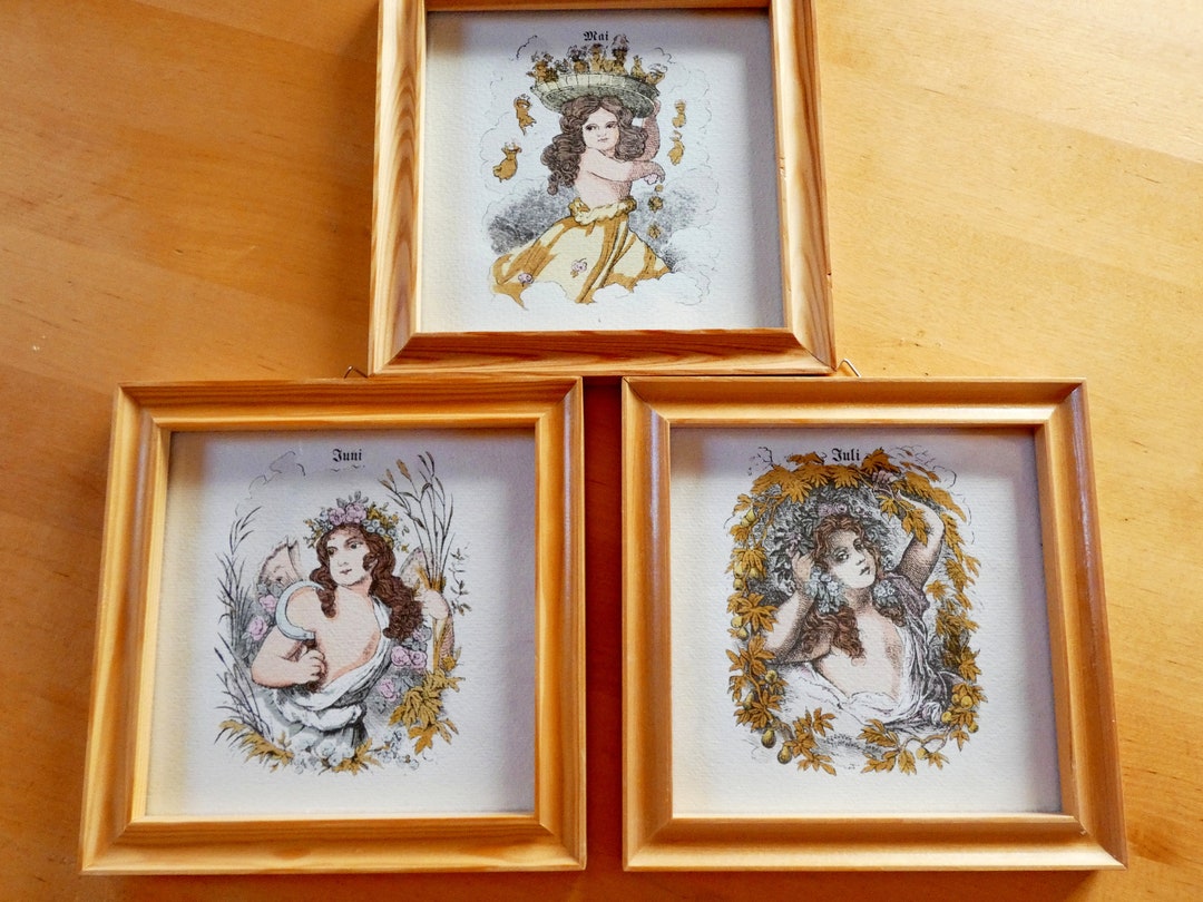 Vintage Wall Hangings Set of Three Framed Pictures Wooden Frames Pastel
