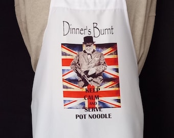Winston Churchill Apron. Artwork adapted from my original pencil drawing.Keep Calm and Serve Pot Noodle