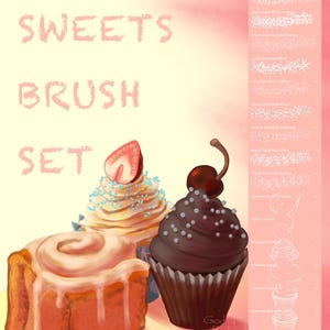 May include: A set of digital brushes for creating sweet treats, including cupcakes, a cinnamon roll, and various sprinkles and toppings. The brushes are designed to be used in digital art programs.