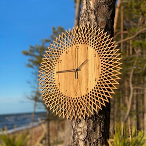 Starburst clock, Handmade Natural Oak Wall Clock, Geometric / Rustic Home Decor Gift, Silent Quartz Mechanism + Battery Included!