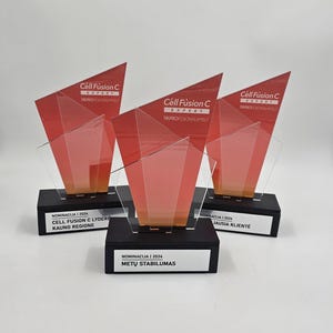 Puede incluir: Tres premios de vidrio rojo y transparente con bases negras. Los premios tienen el texto "Cell Fusion C Expert" y "Tikprofesionalams.lt". Las bases tienen el texto "Nominacija | 2024" y los nombres de los premios: "Cell Fusion C Lyderė Kauno Regione", "Metų Stabilumas" y "Geriausia Klientė".