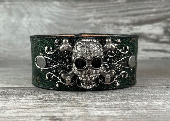 Sugar Skull Leather Cuff Bracelet Hand Stamped and Dyed One of a