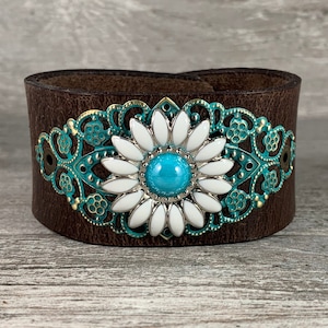 daisy flower leather cuff bracelet - distressed brown repurposed belt cuff - boho style cowgirl chic one of a kind gift for her [1987]