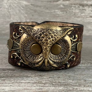 Owl head leather cuff bracelet - hand stamped and hand dyed one of a kind wearable work of art - Lost Sailor Speckled Sparrow collab [1862]