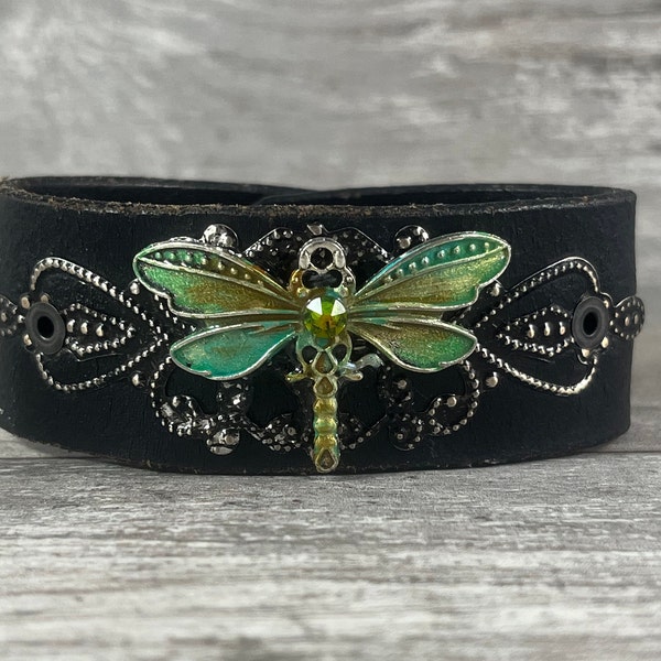 Hand painted dragonfly leather cuff bracelet - black distressed recycled belt - one of a kind handmade gift by Speckled Sparrow LLC [3701]