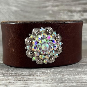 Leather cuff bracelet - rhinestone concho cuff - distressed repurposed reclaimed recycled - boho rustic cowgirl vintage inspired [4000]