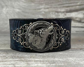 Howling wolf leather cuff bracelet - hand stamped and dyed one of a kind work of art - Lost Sailor Speckled Sparrow collab [3619]